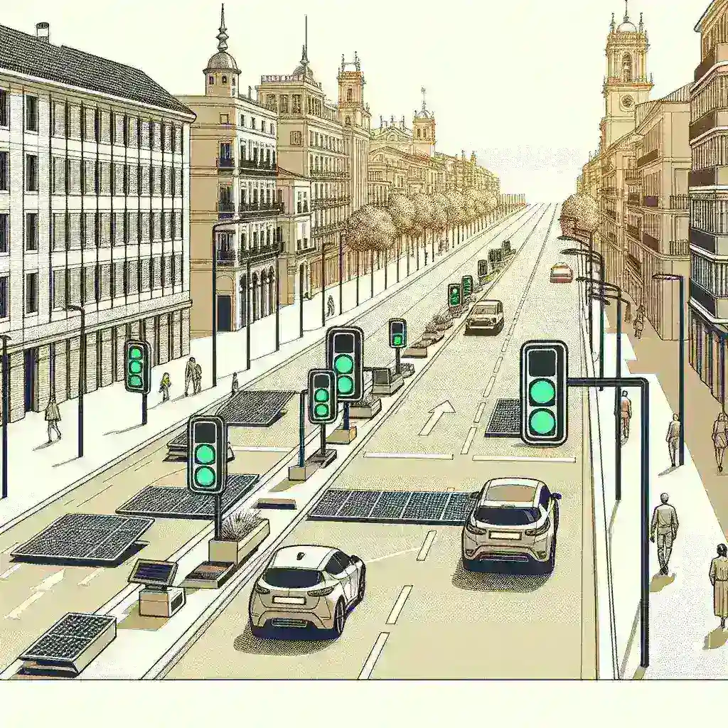 "Semáforo inteligente en una ciudad española, mostrando luz verde y utilizando tecnología de ahorro energético para mejorar la gestión del tráfico urbano."