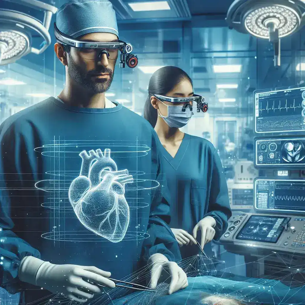 "Cirujano utilizando gafas inteligentes en un hospital de Madrid durante una cirugía cardíaca, mejorando la precisión y eficiencia del procedimiento médico."