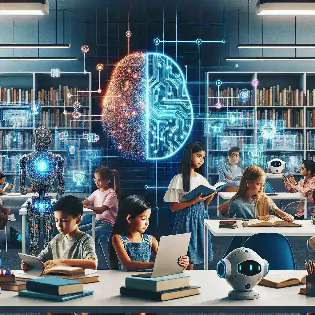 "Estudiantes utilizando herramientas de inteligencia artificial en un aula moderna, destacando las mejores tecnologías para mejorar el aprendizaje en 2024."