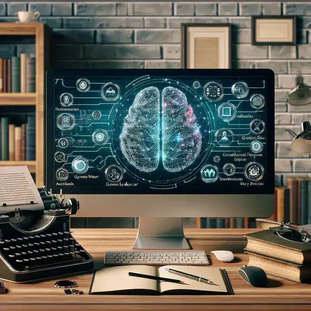 "Ilustración de herramientas de inteligencia artificial para escritores, destacando aplicaciones innovadoras que transforman la escritura creativa"